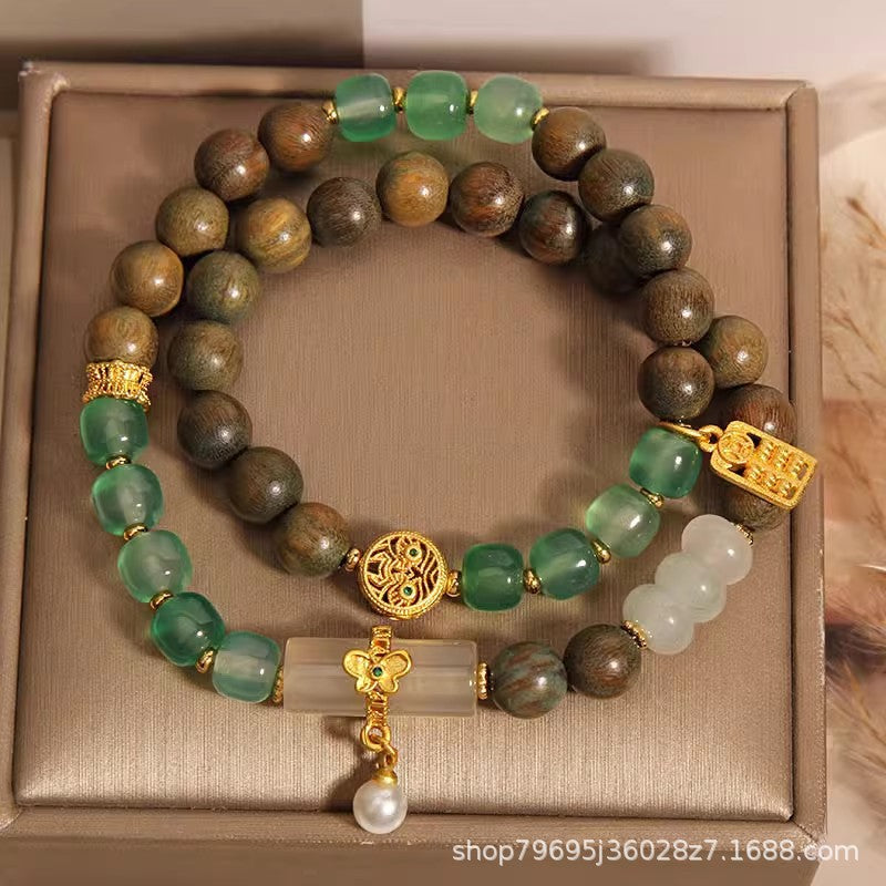 Green Sandalwood Old Agate Double Ring Bracelet for Women Light Luxury Minority Exquisite Chalcedony as Right as Rain Twin Bracelet Hand Jewelry