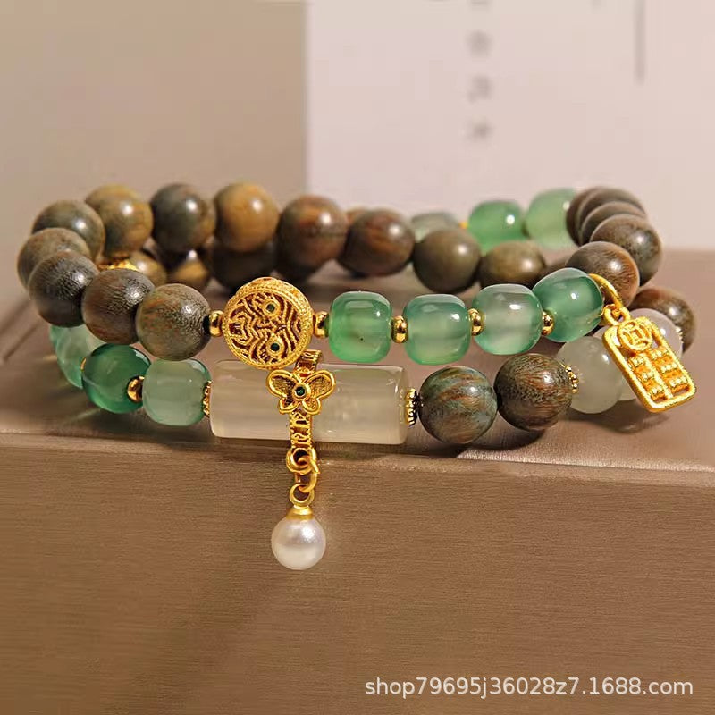 Green Sandalwood Old Agate Double Ring Bracelet for Women Light Luxury Minority Exquisite Chalcedony as Right as Rain Twin Bracelet Hand Jewelry