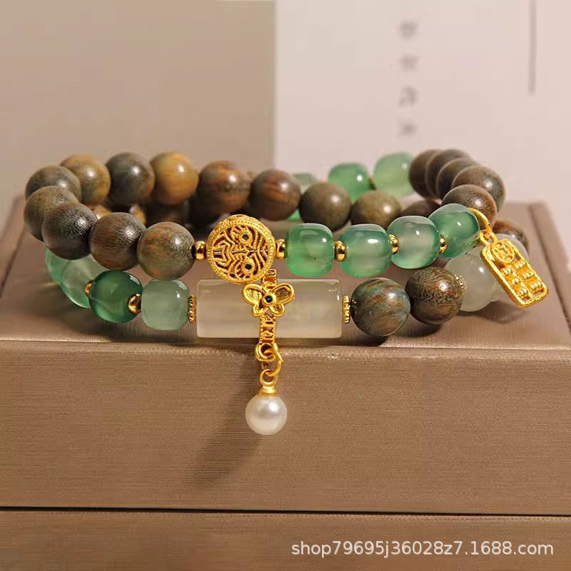 Green Sandalwood Old Agate Double Ring Bracelet for Women Light Luxury Minority Exquisite Chalcedony as Right as Rain Twin Bracelet Hand Jewelry