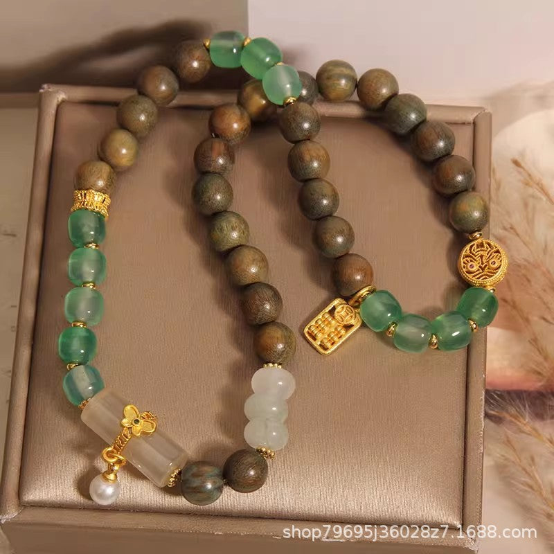 Green Sandalwood Old Agate Double Ring Bracelet for Women Light Luxury Minority Exquisite Chalcedony as Right as Rain Twin Bracelet Hand Jewelry