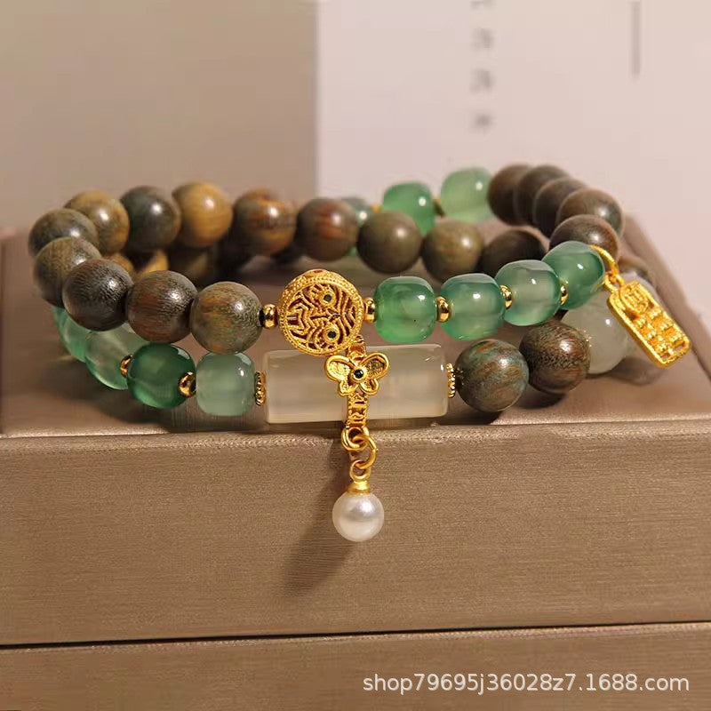 Green Sandalwood Old Agate Double Ring Bracelet for Women Light Luxury Minority Exquisite Chalcedony as Right as Rain Twin Bracelet Hand Jewelry